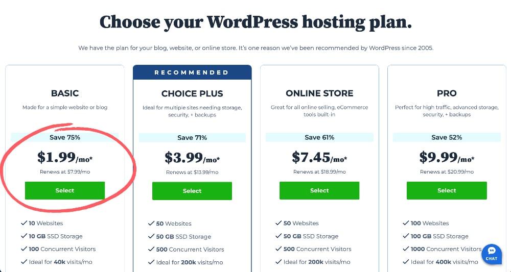 Bluehost hosting plan packages